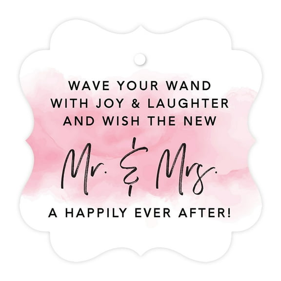 Koyal Wholesale Brushed Pink Fancy Frame Wedding Ribbon Wand Favor Tags, Wave Your Wand With Joy & Laughter, 96-Pack