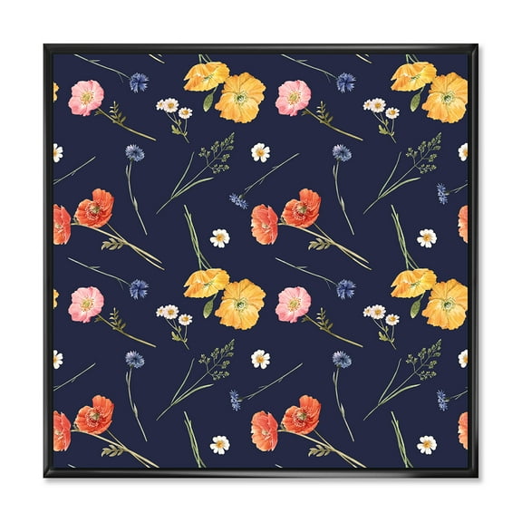 Designart 'Yellow and Orange Wild Flowers On Dark Blue' Traditional Framed Canvas Wall Art Print