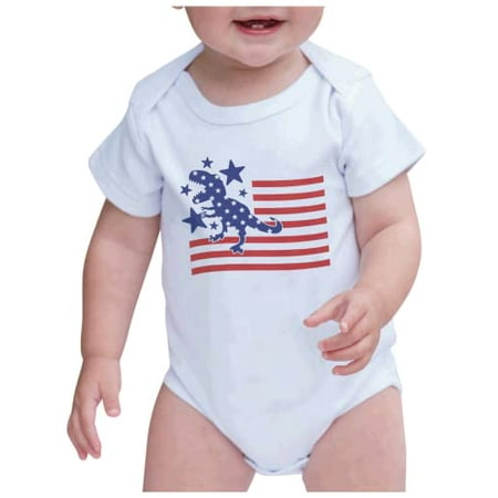 

7 ate 9 Apparel Kids Patriotic 4th of July Outfit - Dinosaur Flag Dino USA White Onepiece 0-3 Months