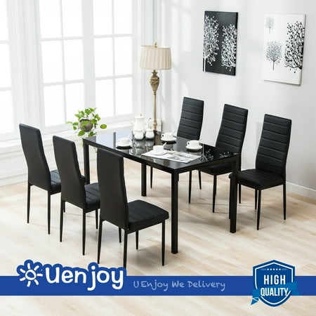Mecor Dining Table Set with Leather Chairs Kitchen Furniture Black 7 ... Mecor Dining Table Set with Leather Chairs Kitchen Furniture Black 7 ...