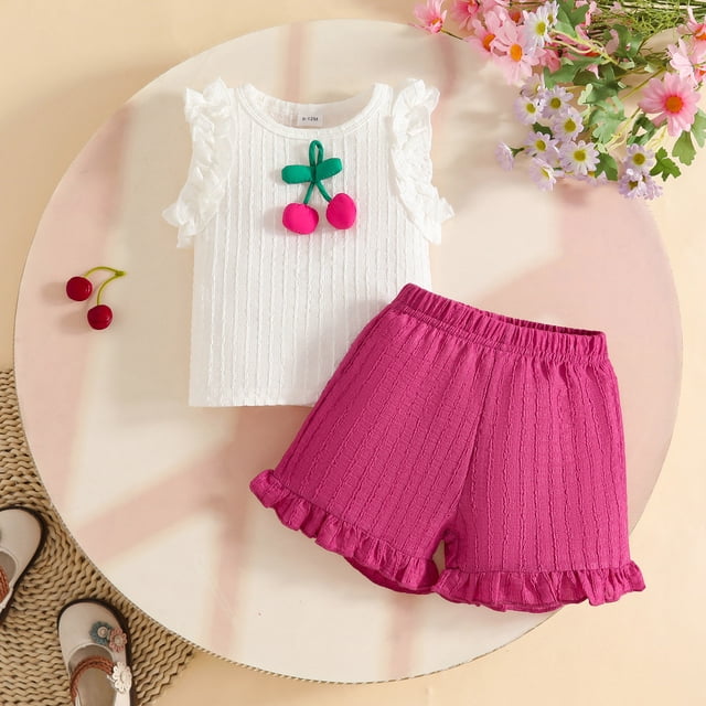 Adorable Summer Toddler Girls Outfit Set with Cute Cartoon Vest and Ruffled Shorts for Comfort