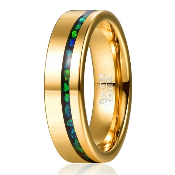 Men's 6mm Gold Tungsten Wedding Bands with Crushed Green Created-Opal Inlaid Size 6-12
