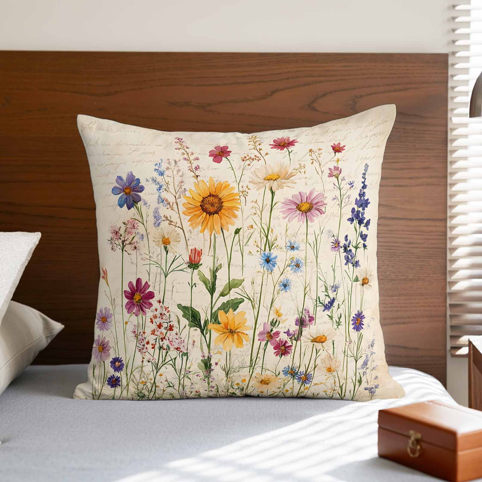 Spring Floral Pillow Covers 18x18 Inch, Vintage Pastoral Rustic Botanical Flowers Linen Pillowcase with Invisible Zipper, Decorative Throw Pillow Covers Cushion Case for Couch Sofa Bed Living Room