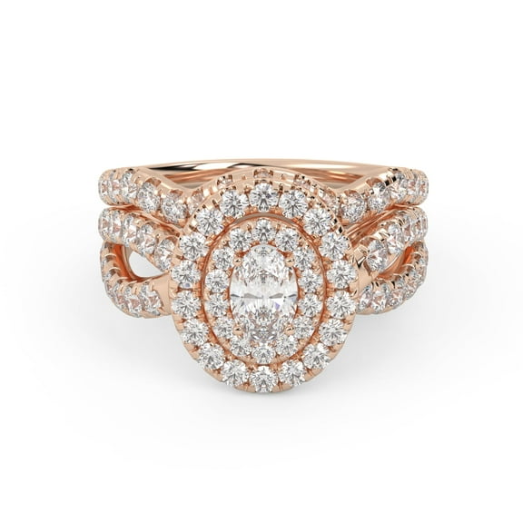 AFFY Twisted Shank Double Halo Bridal Set Ring in for Women, Center 6x4MM Oval and Round cut Lab Created Moissanite Engagement Wedding Ring in 10K Solid Rose Gold Ring in Size-10