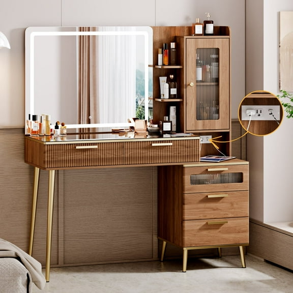 Arulvmrn Vanity Desk with 29.53" HD Lighted Mirror, 47.24" Big Modern Vanity Desk with Mirror and Lights, Makeup Vanity with 5 Drawers and Storage Shelves and Charging Station, Walnut