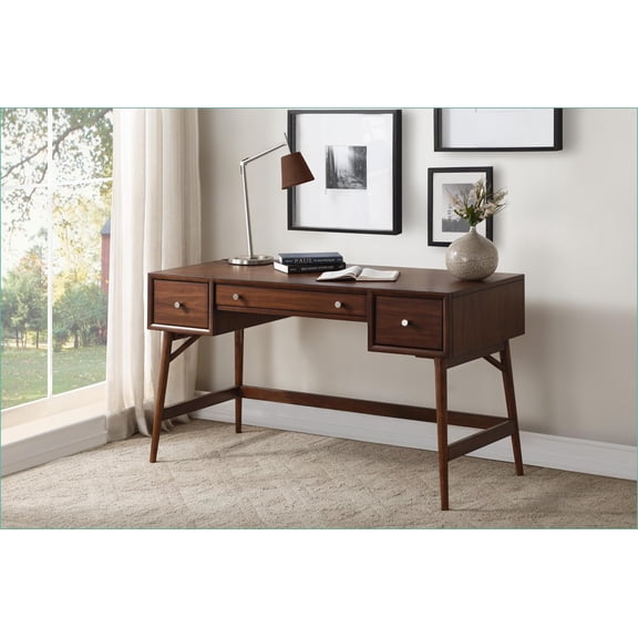 Writing Desk, Mid-Century Brown Walnut Veneer with 3 Drawers & Nickel Knobs | Wood | Engineered Wood