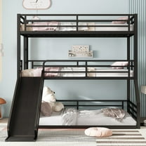 Generic Triple Bunk Bed with Slide - Twin over Twin over Full Metal Frame, Heavy-Duty Safety Guardrails & Noise-Reduced Design, Space-Saving Black Finish​