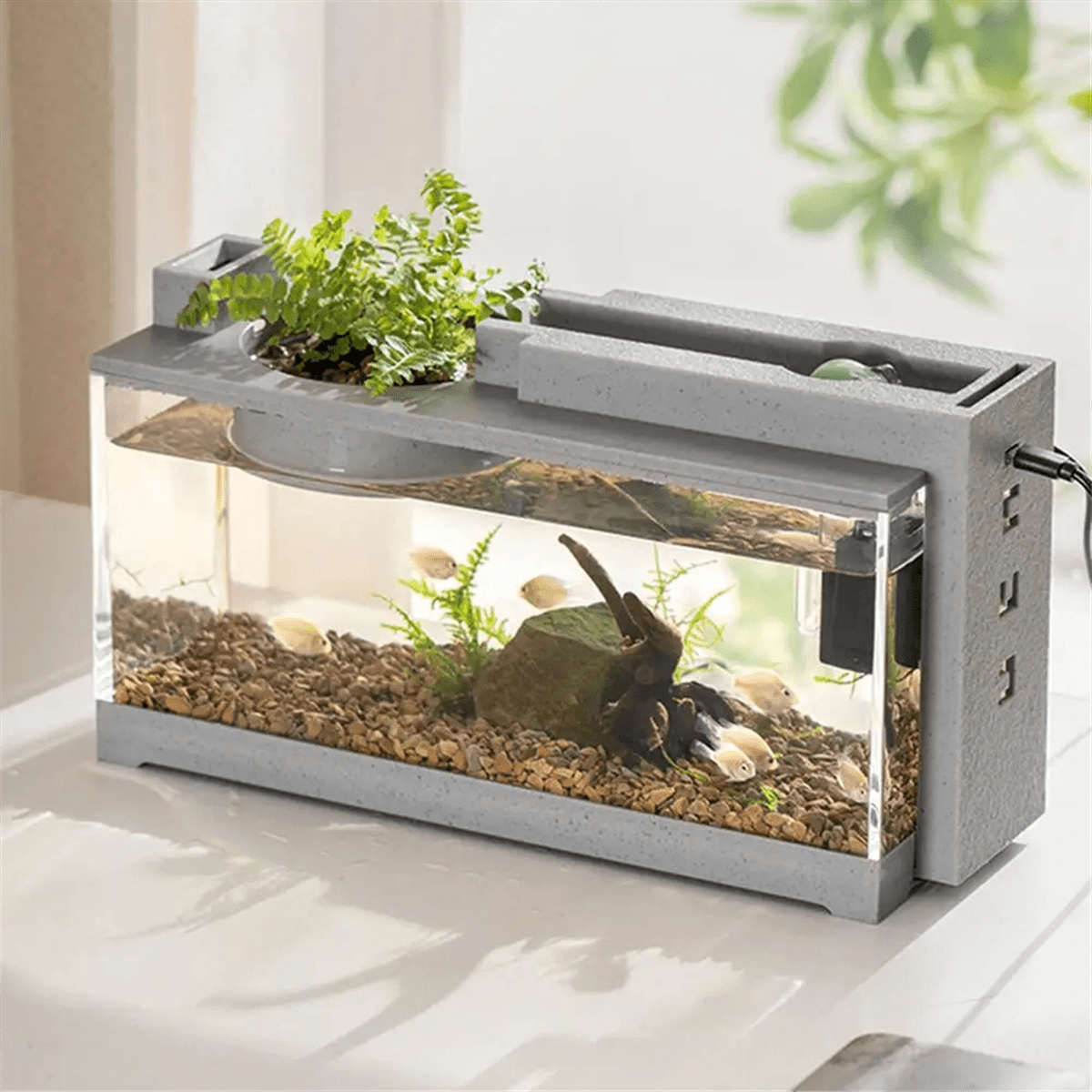 Mini Fish Tank Aquarium StarterKits Mute Water Flow Filter Mini Landscape Fish Tank Office Desktop Decoration A