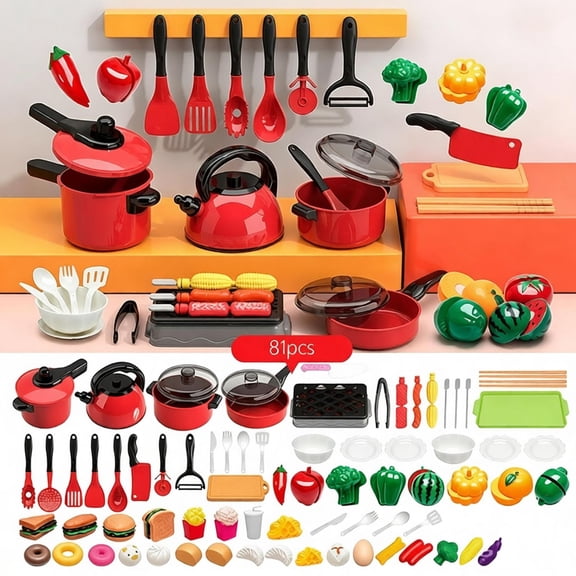 Kids Pretend Play Kitchen Cookware Set with Cutting Play Food, Little Chef Cooking Role Play Toy, Top Christmas Birthday Holiday Gift, Educational Fine Motor Toy for Toddler Boys Girls Age 3
