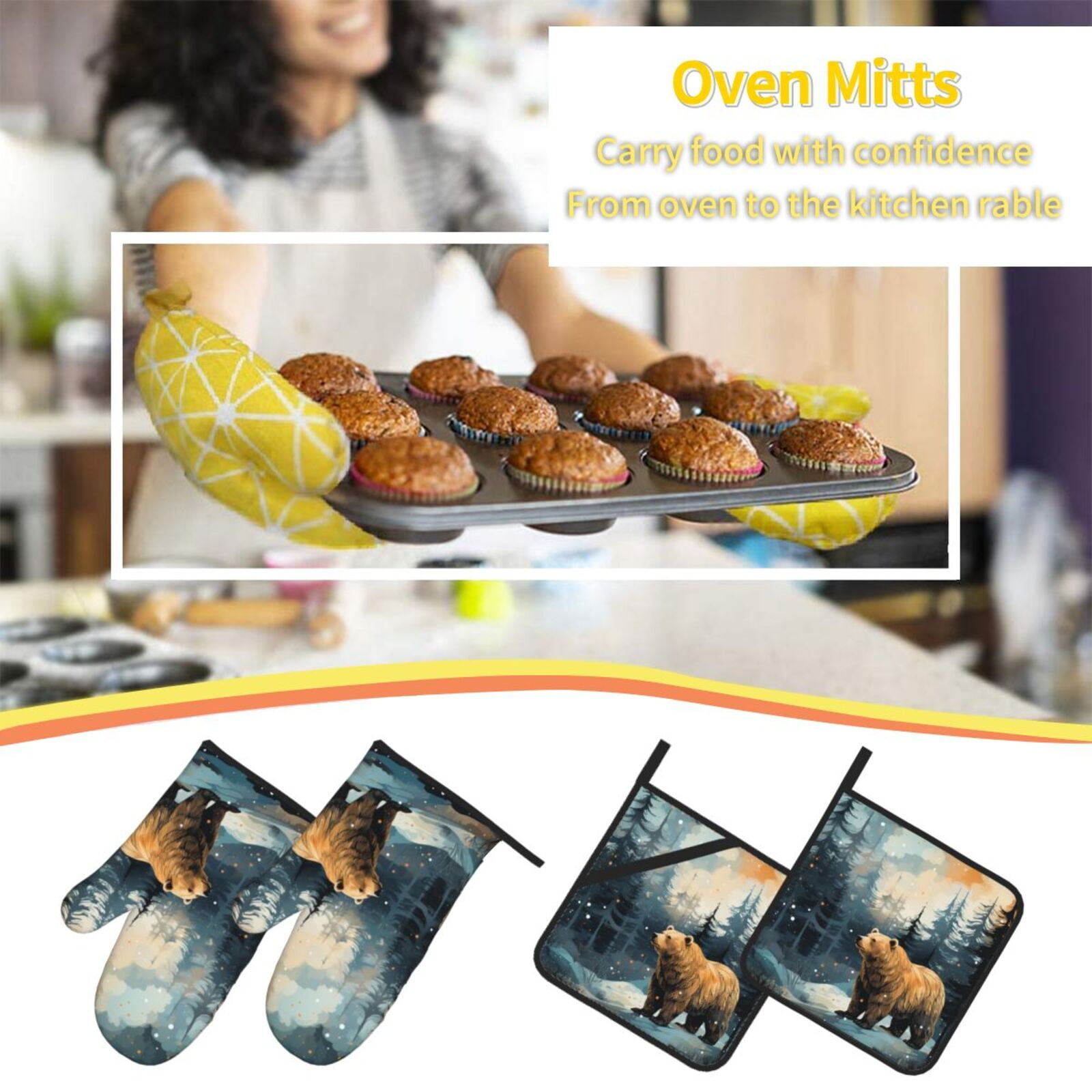 Bear Moose Rustic Wood 4Pcs Oven Mitts and Pot Holders Sets Oven Kitchen Gloves Hot Pads for Cooking BBQ Baking Grilling