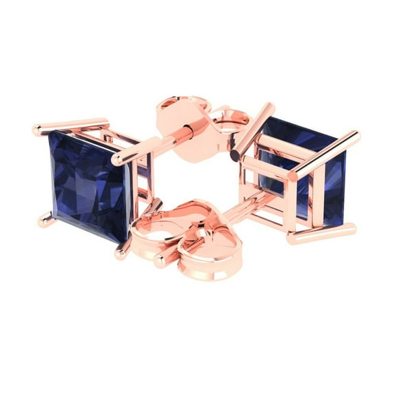 3.0 Ct Princess Cut Studs Blue Sapphire 14K Rose Solid Solid Gold Everyday Dainty Earrings Push Back