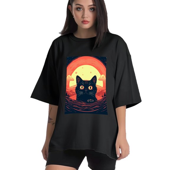 Plus Size Shirt for Women Black Tops for Women Short Sleeves Shirt for Women Retro Black Cat T Shirt Crewneck Shirt for Women XS