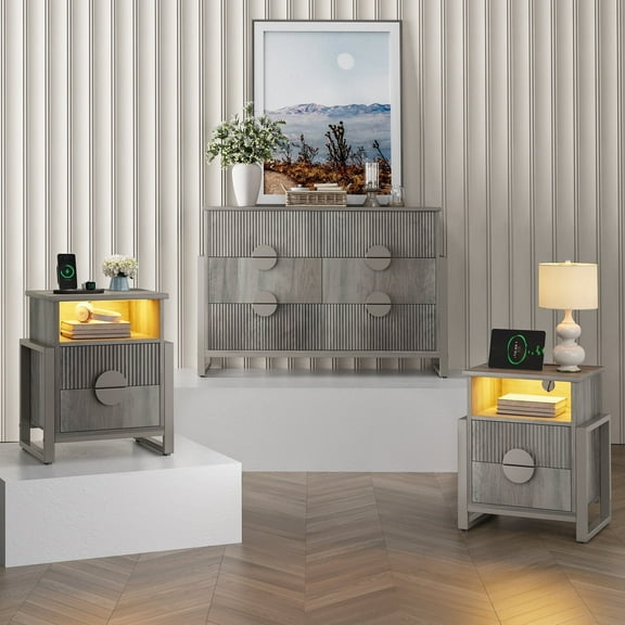 Holliwill 3-Piece Dresser Nightstand Set, Modern Bedroom Furniture Set, Wide 6 Drawer Dresser & 2 Drawer Nightstands with Outlets LED Lights, Fluted Wood Chest of Drawers for Bedroom, Gray