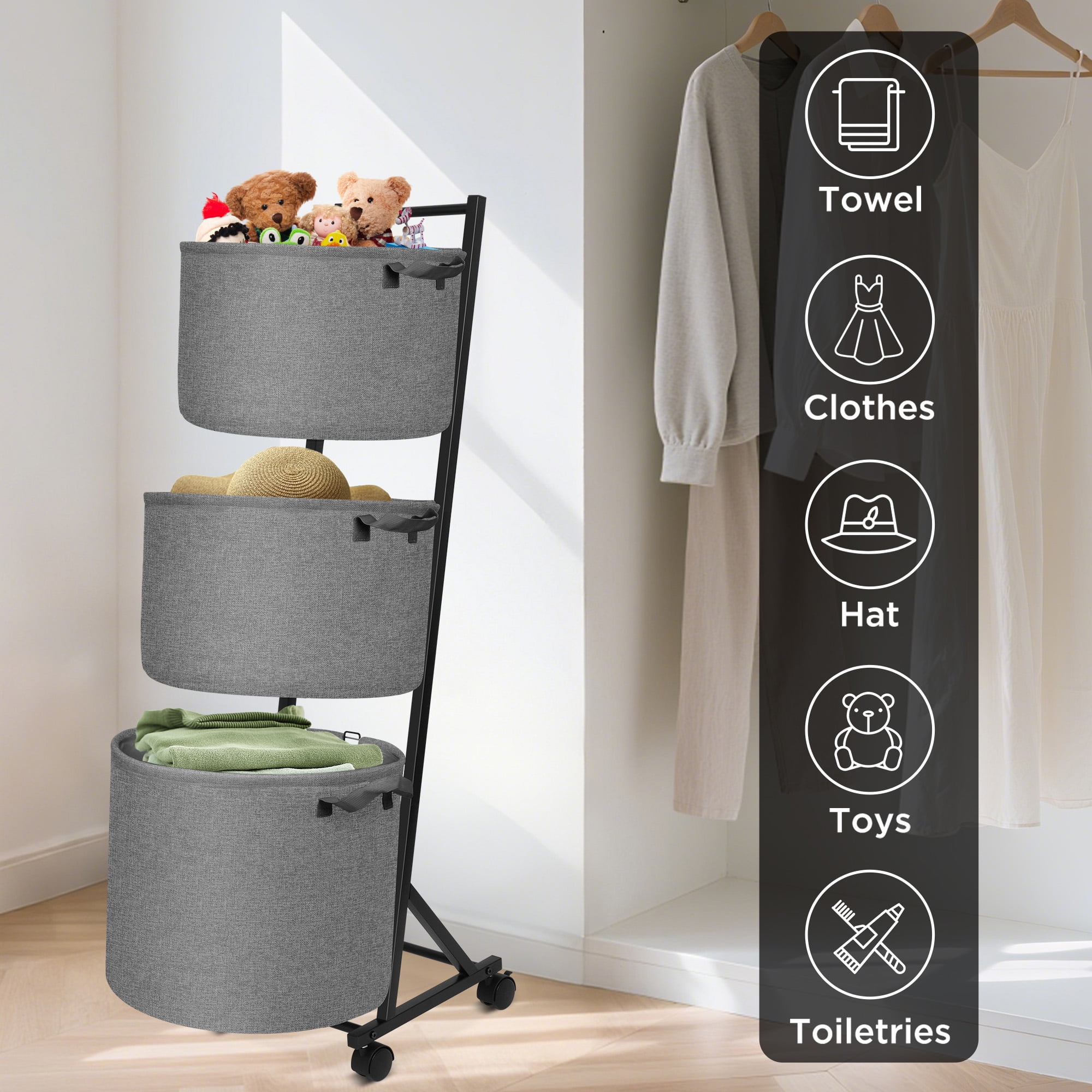 YOUPINS 3-Tier Laundry Hamper Sorter,Laundry Storage Organizer with Wheels Removable Rolling Laundry Baskets for Home,Bathroom,Dorm Laundry Room,Gray