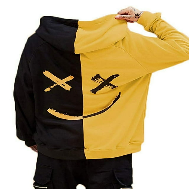 PENGXIANG Unisexe Sweat-Shirt Sweat à Capuche Heureux Sourire Visage Impression Hommes Patchwork Sweat à Capuche Femmes à Manches Longues Pull Pull Rouge M