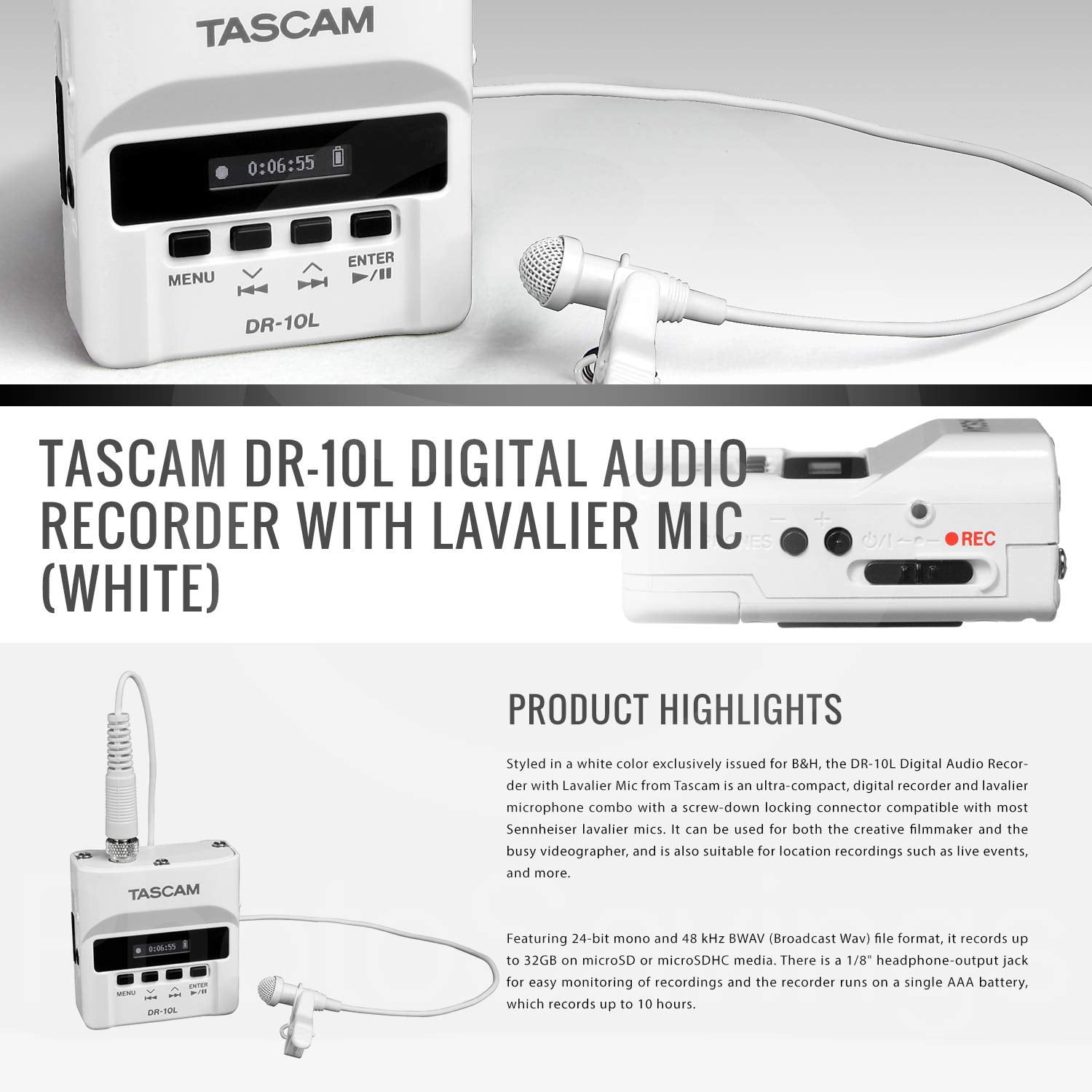 Tascam DR-10LW Portable Digital Recorder (White) with Lavalier Mic and 32GB  Card Bundle - Walmart.com