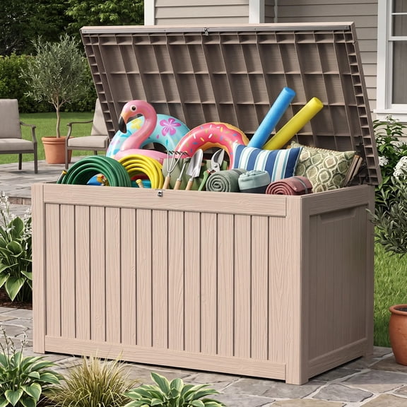 Decksplore 280 Gallon Extra Large Resin Deck Box, Soft Close Lockable Outdoor Storage, Tan