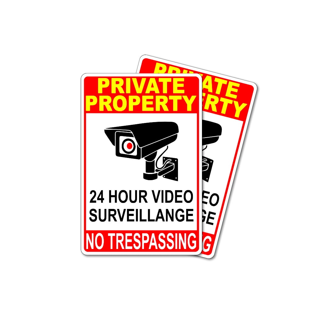 PRIVATE PROPERTY 24 HOUR VIDEO SURVEILLANCE SIGN STICKERS︱NO TRESPASSING 7 IN. X 10 IN. DECALS︱SECURITY CAMERA LABELS PACK OF 2