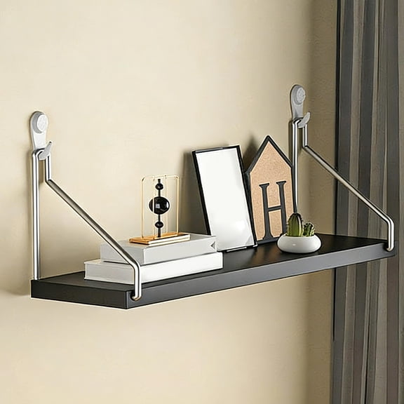 No Drill Wall Shelf Floating Wooden Shelves Adhesive Mount for Bedside Living Room Holds up to 30 lbs for Books Router Projector(Black)
