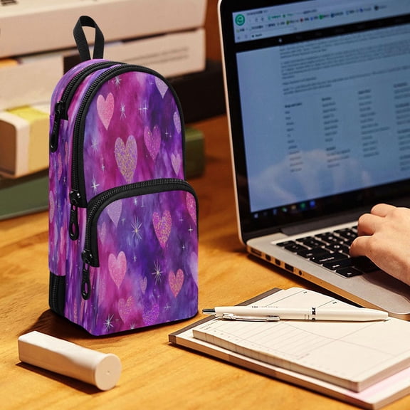 Backpack Pencil Case, 3 Compartment Large Capacity Oxford Fabric Pencil Pouch / Glitter Heart Tie Dye Pattern