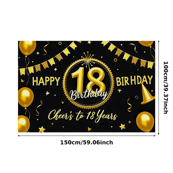 Black Gold Themed 18th Birthday Banner with Golden Balloons Stars and Party Hats Background Backdrop Party Supplies Photography Props Birthday Decoration Birthday Party Celebrations
