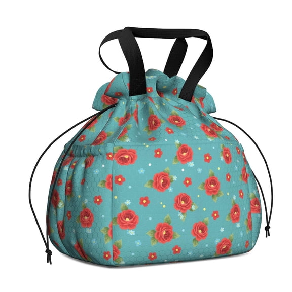 Pioneer Flower Floral Print Pattern Drawstring Lunch Bag Women - Drawstring Lunch Bag Insulated for Work Office - Stain-Resistant Large Lunchbags for Women with Multi-Pockets