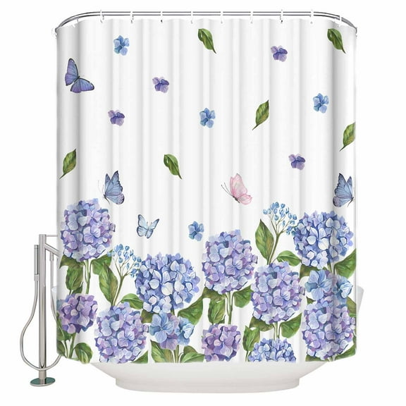 Fabric Shower Curtain, Summer Purple Hydrangeas with Leaves White Texture Shower Curtains with 12 Hooks Waterproof Machine Washable Bath Curtains for Bathroom,48x 72in