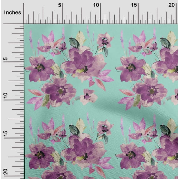 oneOone Cotton Poplin Twill Aquamarine Fabric Flower & Leaves Watercolor Craft Projects Decor Fabric Printed By The Yard 56 Inch Wide