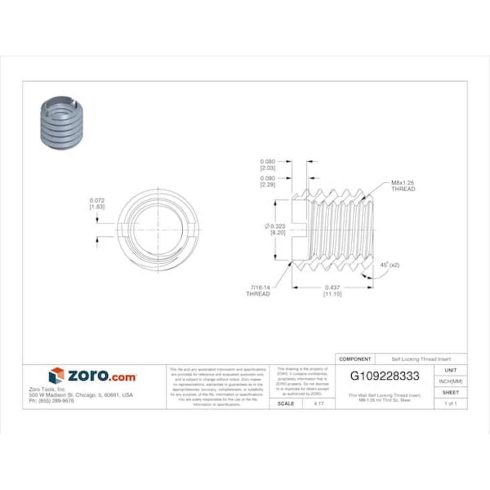Thin Wall Self Locking Thread Insert, M8-1.25 Int Thrd Sz, Steel EZ-310-M8