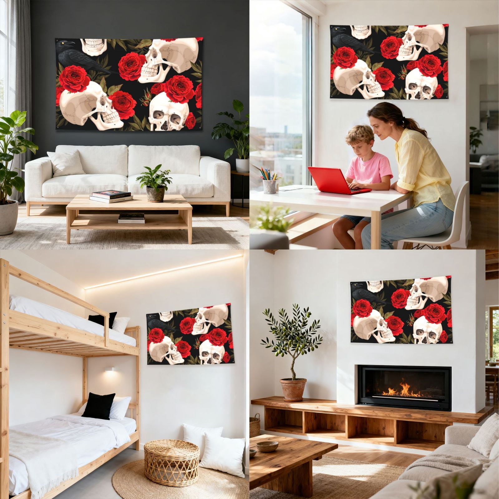 Skulls Red Roses Raven Four Hole Decorated Banner Flag for Garden Yard Home Decoration Indoor Outdoor 4x6 Ft