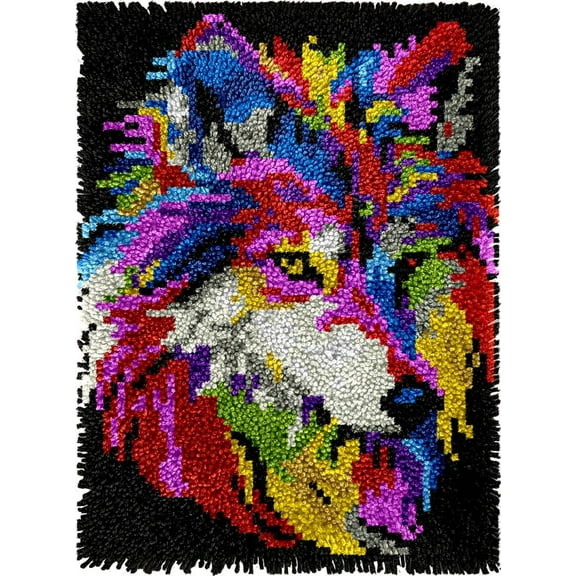DIY Latch Hook Rug Kits Colorful Wolf DIY Cushion Tapestry Making Crochet Hooking Mat Making Kits With Printed Pattern Canvas DIY Carpet Needlework Kits of Home Decor 52x38cm (f25)