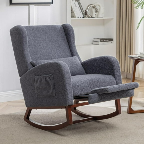 Rocking Chair Nursery,Teddy Nursery Rocking Chairs with Foot Rest, Sherpa Glider Rocker Nursing Chair with High Back for Nursing, Living Room, Bedroom, Dark Grey