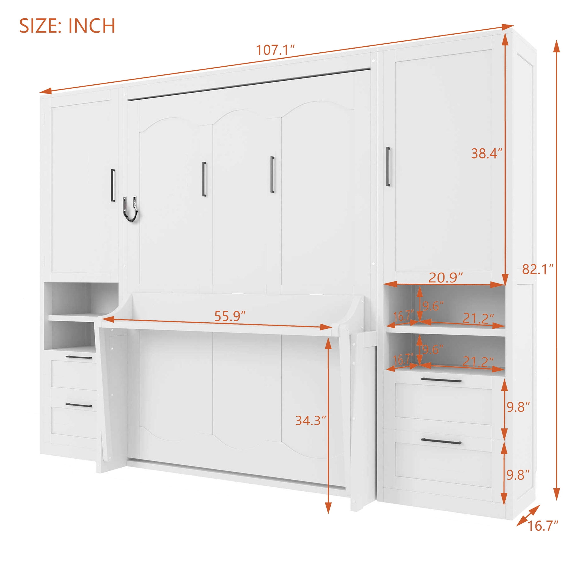Full Size Murphy Bed with 2 Closet, 4 Drawers and Shelves for Space-Saving Guest Room