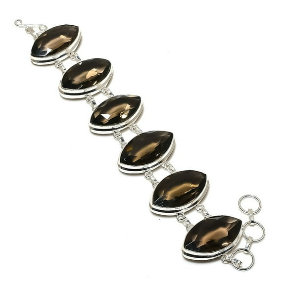 Smoky Quartz Gemstone Bracelet Adjustable Chain Marquise Shape Unique Jewelry 8"