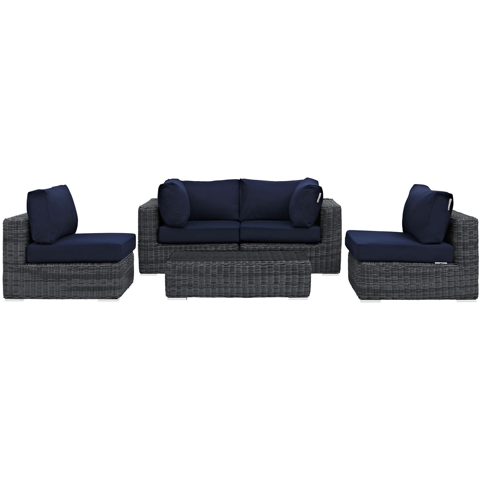 Modway Summon 5-Piece Aluminum Rattan Patio Sectional Set - Canvas/Navy