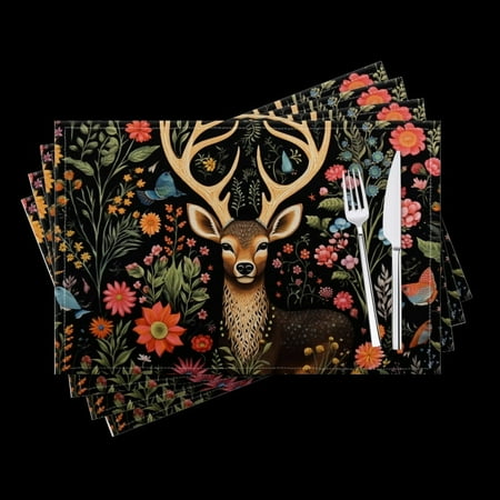

Bahomeck Placemats Set Of 4 Rectangle Linen Cotton Placemats For Dining Table Fade Resistance Washable Heat Resistant，18*12Inch Beautiful Deer With Large Antlers Surrounded By Flowers And Birds
