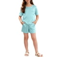 thumbnail image 2 of RKSTN Pyjama Fille Satin Col Rond Manches Courtes Haut de Pyjama avec Short Été Ensemble Deux Pièces (Vert, 9-10 Ans) Unisexe, 2 of 5