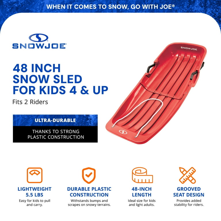 Snow Joe Plastic Snow Sled 48” Toboggan Board with Handles and