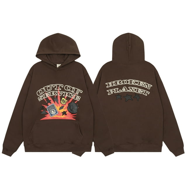 Sweat à Capuche en Peluche Décontracté Imprimé Lettres Planète Cassée-H238 Marron-TG