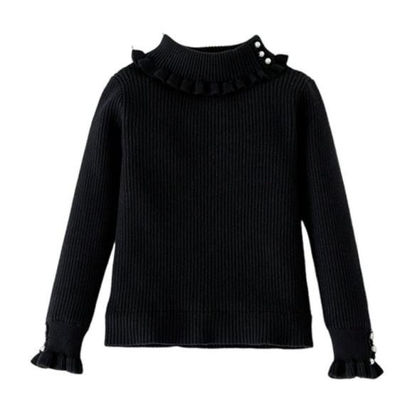 IVEYRTF Girls Knit Sweater Pearl High Neck Lapel Solid Color Warm Cozy Fall Winter Fashion Thermal Top Everyday Wear for Kids 2-13 Years(Black,12-13 Years)