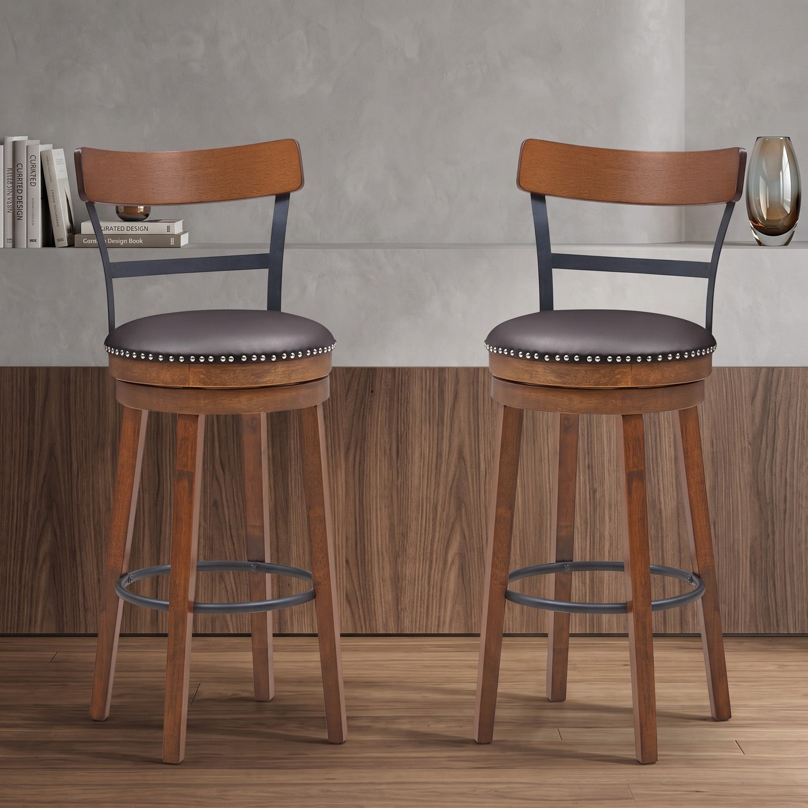 Furnibear Set of 2 30.5 Inch Swivel Pub Height Bar Stools, Rubber Wood Counter Bar Chairs with PVC Leather Padded Seat, Ergonomic Backrest and Anti-Slip Foot, Brown