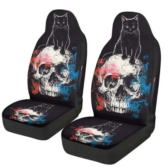 FUIALDOLG Black Cat Skull Stretch Lightweight Vehicle Seat Protector, Interior Decor Car Seat Covers for Auto, Set of 2, Universal Fit for SUV and Truck