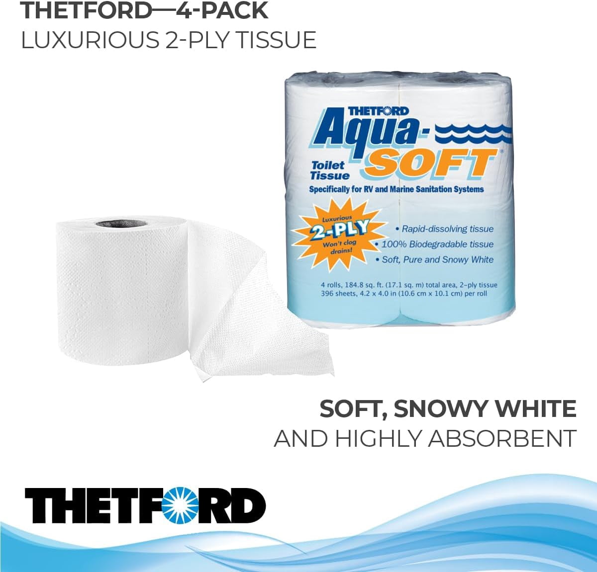 Aqua-Soft Toilet Tissue - Toilet Paper for RV and marine - 2-ply - 03300 (Pack of 4 rolls) , White