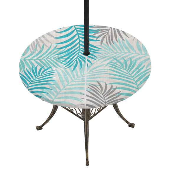 Round Outdoor Tablecloth with Umbrella Hole and Zipper, Teal Grey Palm Leaves Tablecloth with Elastic Waterproof, Summer Botanical Tropical Leaf Patio Table Covers for 55" - 60" Picnic Pool Tables