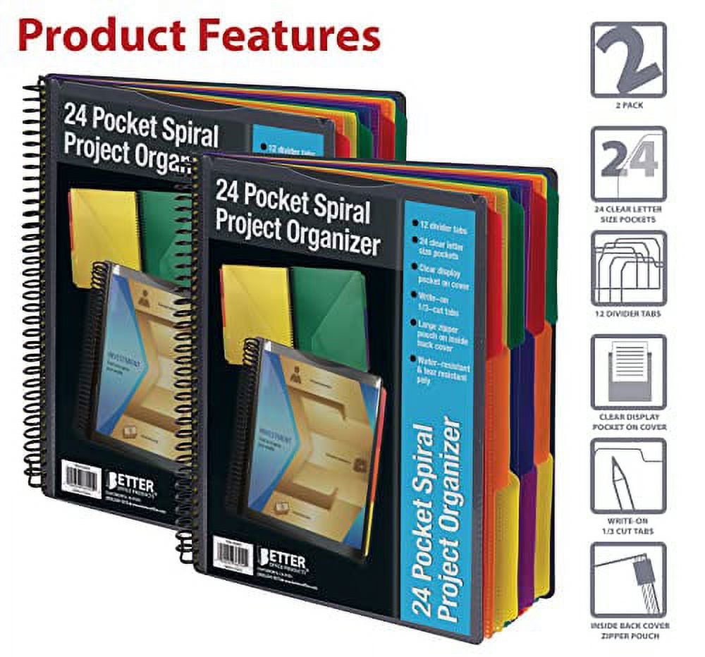 24 Pocket Poly Spiral Project Organizer (2Pack), Heavy Duty, with Utility Pouch, 1/3 Cut Tabs, 12 Tab Color Dividers, Clear View Front Cover, Letter