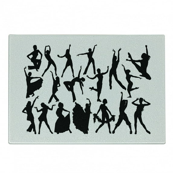 Black and White Cutting Board, Dancers Silhouette Modern Latin Hip Hop Tango Jazz Ballroom Salsa, Decorative Tempered Glass Cutting and Serving Board, Small Size, Black and White, by Ambesonne