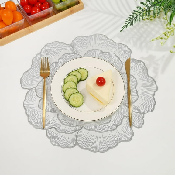 Placemats Set of 4, Silver Round Placemats, Washable Wipeable Waterproof Non Slip for Party Birthdays Weddings Pressed Vinyl Flower Centerpiece Dinners
