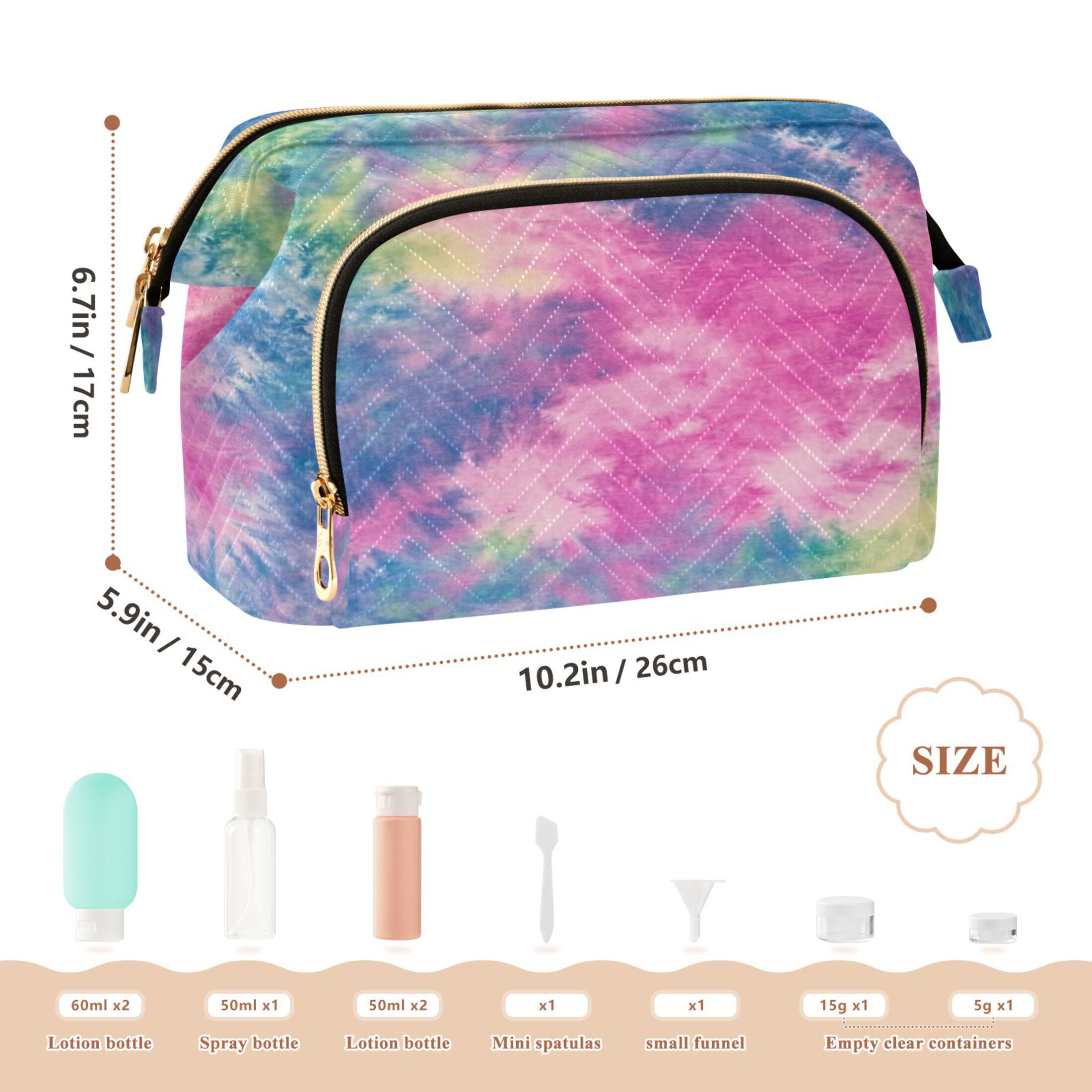 Wavy Quilted Cosmetic Bag Large-Capacity Travel Toiletry Organizer Includes 9-Piece Portable Travel Bottle Set Green Pink Blue Tie-dye