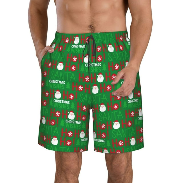 Wukai Cute Santa And Ho Ho Ho Print Beach Trunks with Compression Liner Swimsuit Quick Dry Beach Sports Shorts with Pocket-Small
