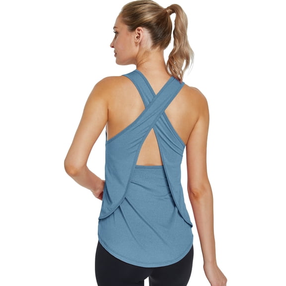 NMMUED Workout Tops for Women Open Back Tank Tops Athletic Yoga Shirts Layered Criss Cross Back Loose Fit Flowy Sleeveless Gym Clothes Fitness Running Activewear Dark Blue L